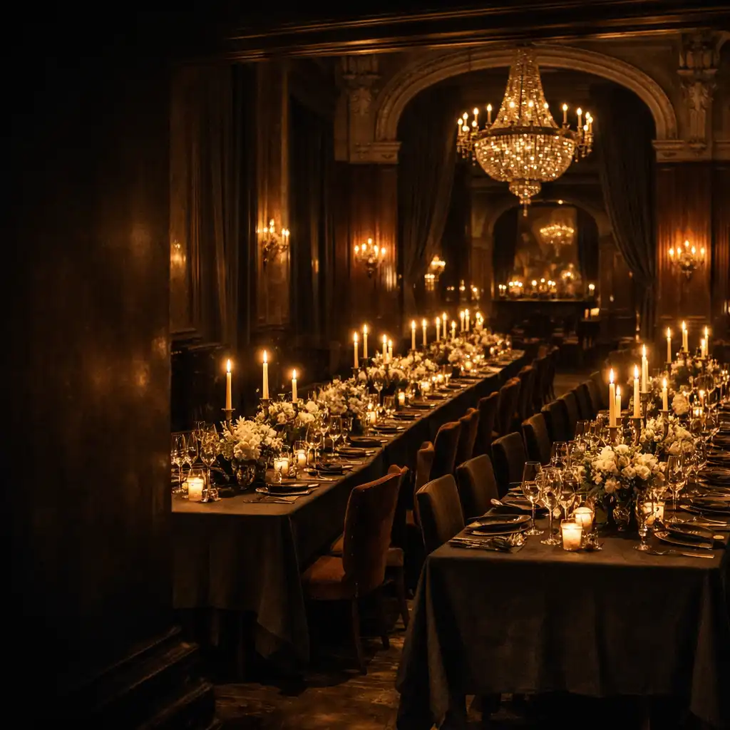 Gyertyafényes, elegánsan előkészített Grand Velis bankettterem esti hangulatban