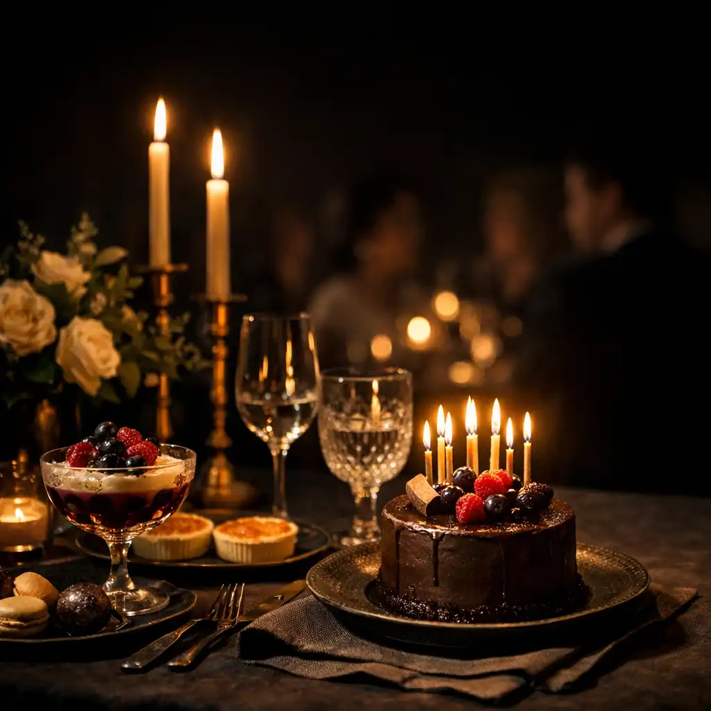 Gyertyafényes, virágokkal és kristálypoharakkal díszített személyes ünnepi asztal