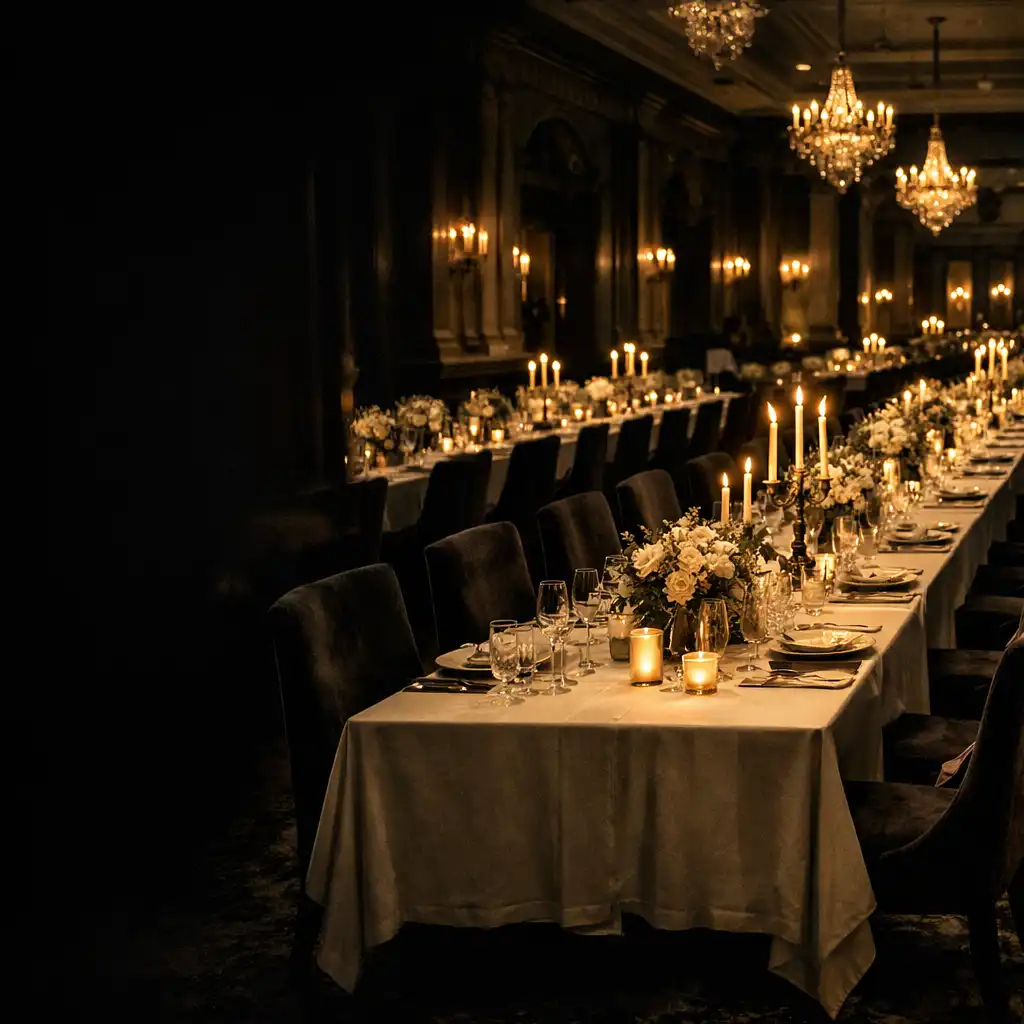 Gyertyafényes, elegánsan előkészített bankettterem a Grand Velisben